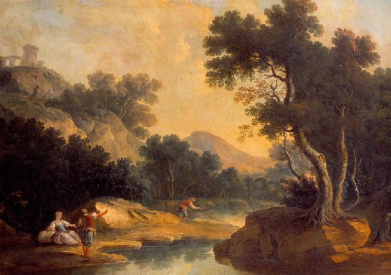 Paysage, pêcheurs au bord d'une rivière, Louis-Philippe Crépin, 18e siècle