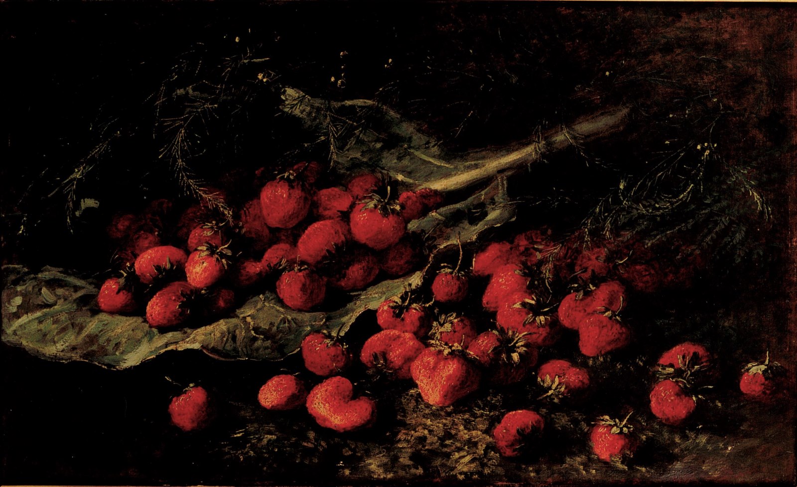 Fraises, feuilles de choux et asperges, Alexis Kreyder, 19e siècle