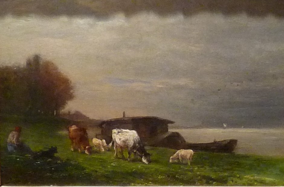 Vaches et moutons paturant au bord d'un fleuve, Jules Héreau, 19e siècle