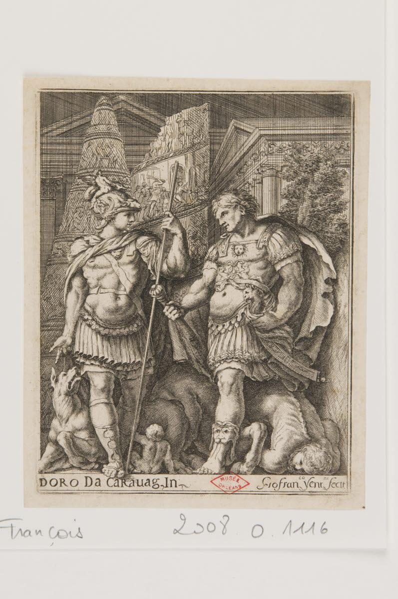 Deux soldats romains sur fond de monuments antiques, Polidoro Caldara, 1600-1699