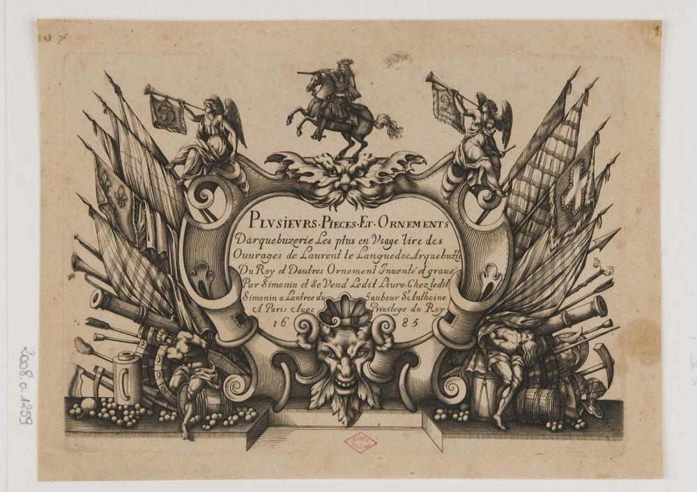 Frontispice de Plusieurs pièces et ornements d'arquebuserie, Claude Simonin, 1675-1699