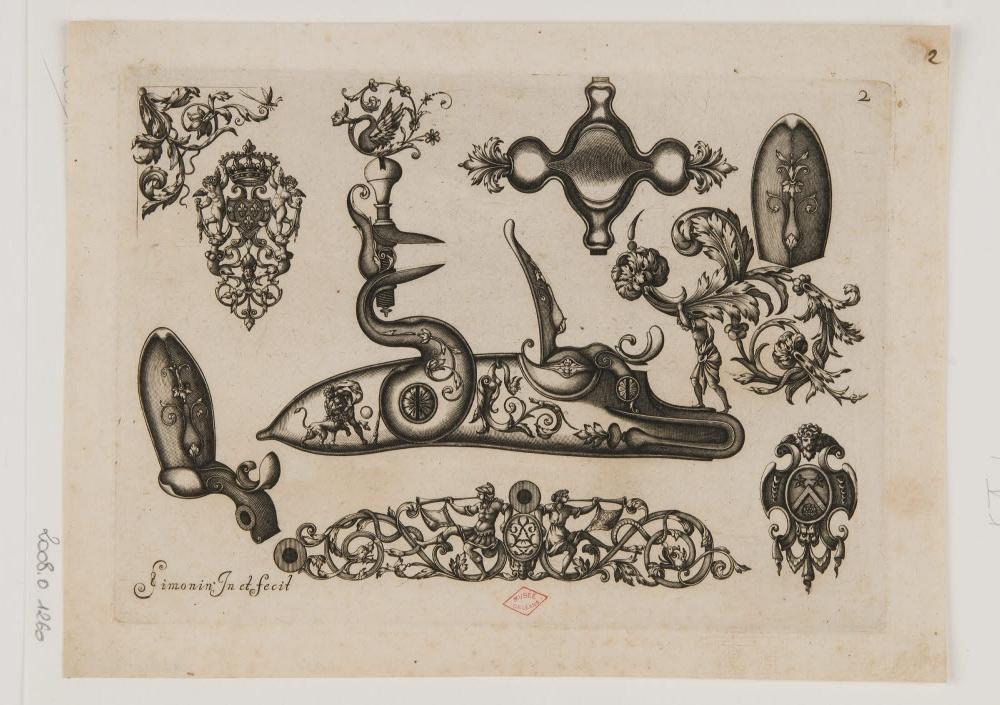 Planche d'ornements d'arquebuses avec des hérauts, Claude Simonin, 1675-1699