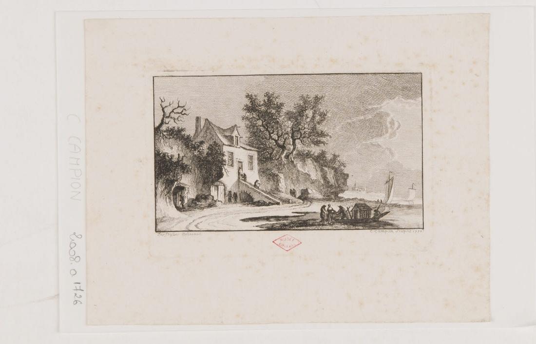 Vue des bords d'une rivière avec enrochement et trois barques dont deux à voile, Charles Michel Campion, 1750-1774