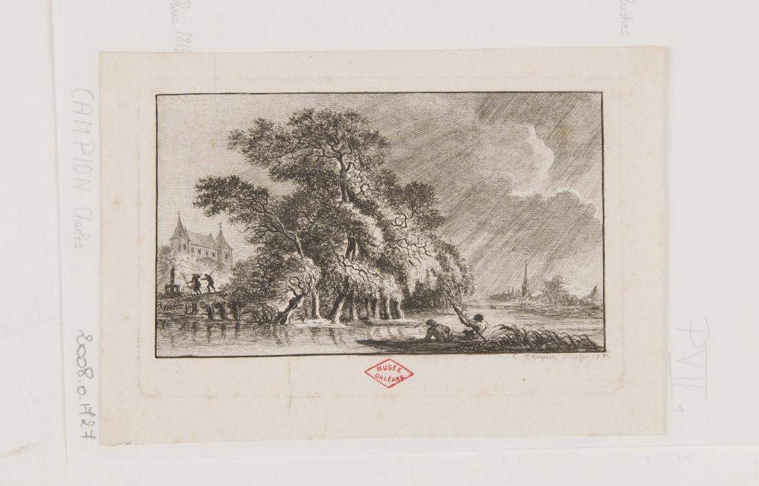 Vue des bords d'une rivière par temps d'orage avec deux mariniers dans une barque, Charles Michel Campion, 1750-1774