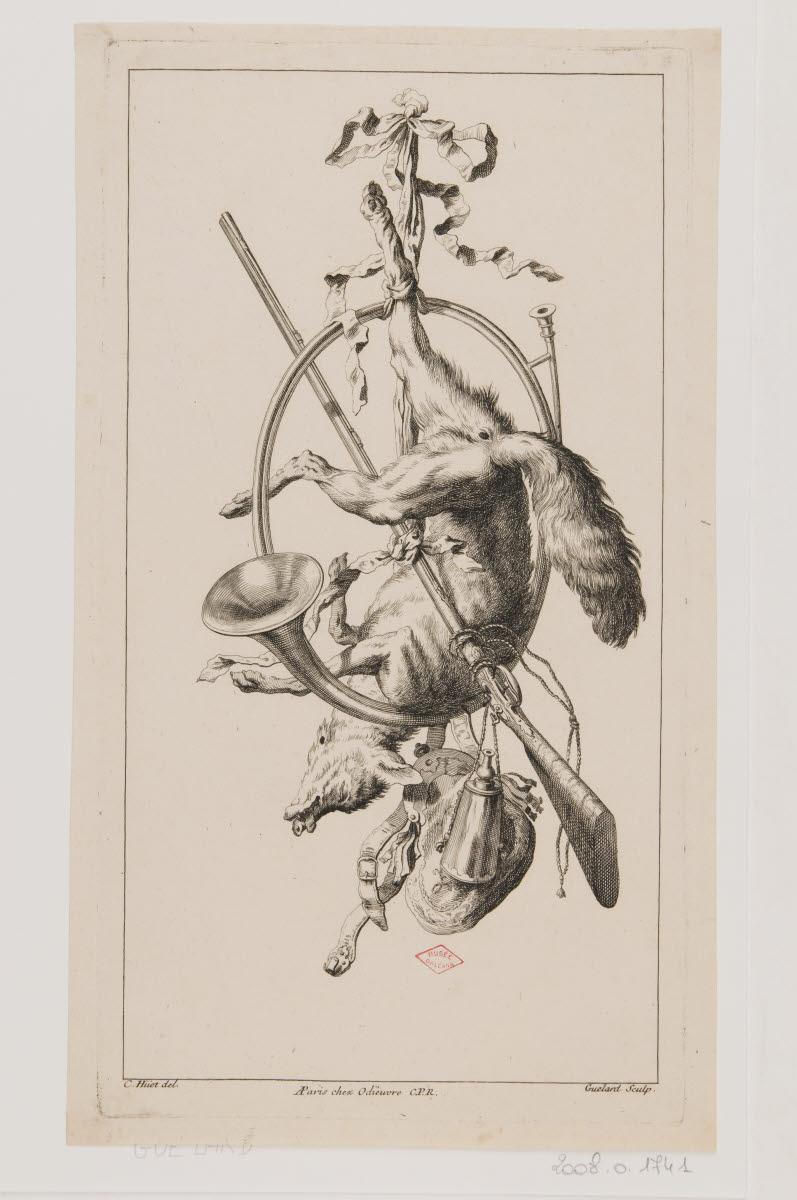 Trophée de chasse avec un renard, un cor et un fusil, Jean-Baptiste Guelard, 1725-1749