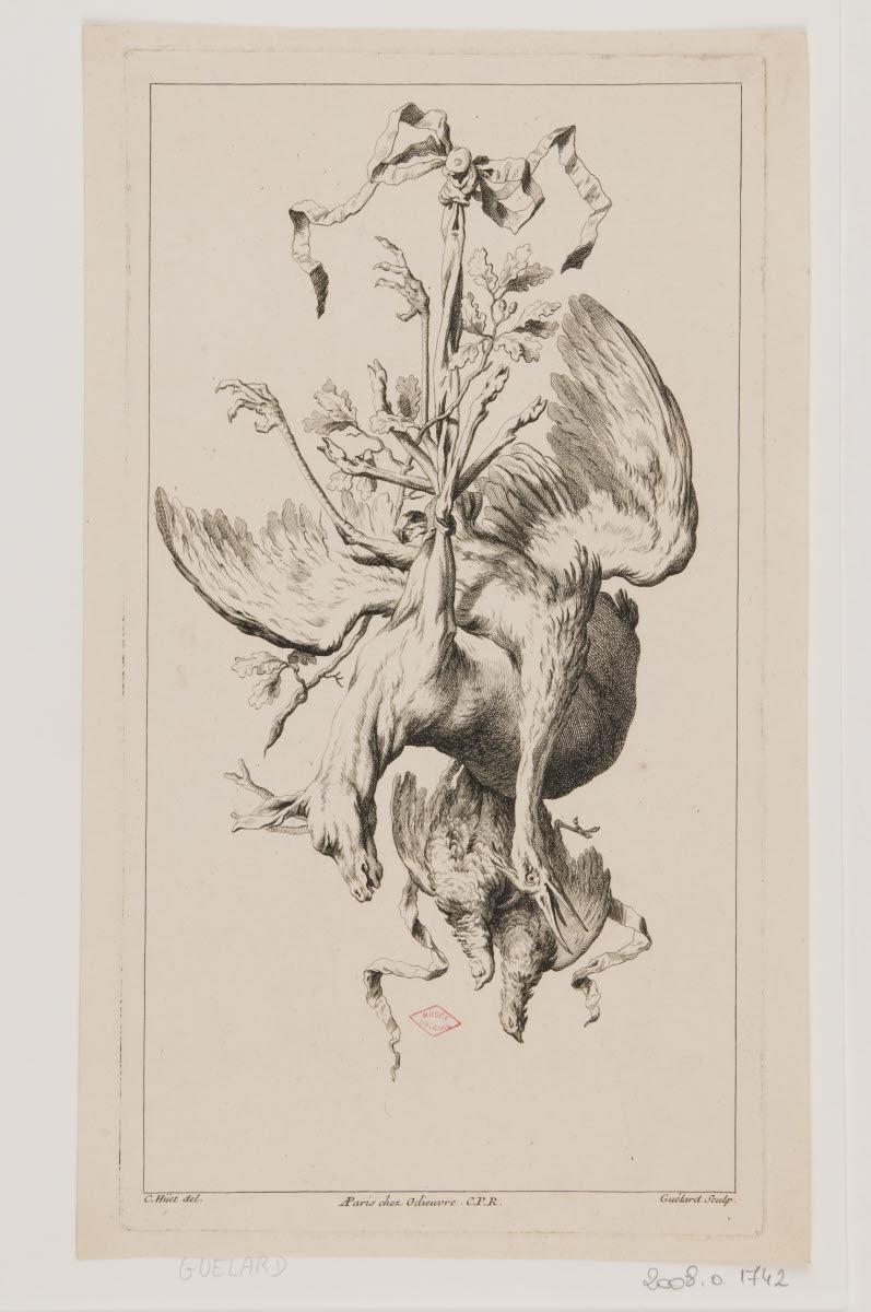 Trophée de chasse avec un cervidé, un échassier et deux oiseaux, Jean-Baptiste Guelard, 1725-1749