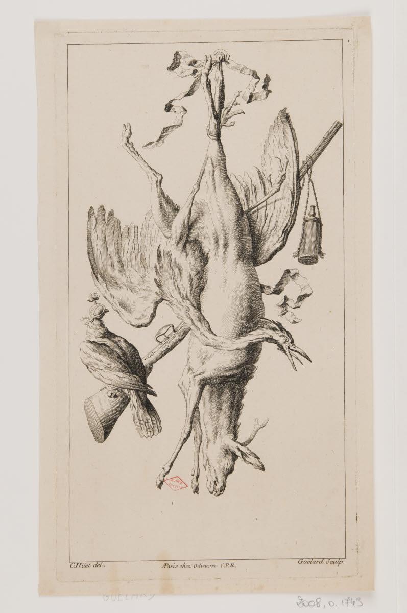 Trophée de chasse avec un cervidé, un échassier, un rapace et un fusil, Jean-Baptiste Guelard, 1725-1749