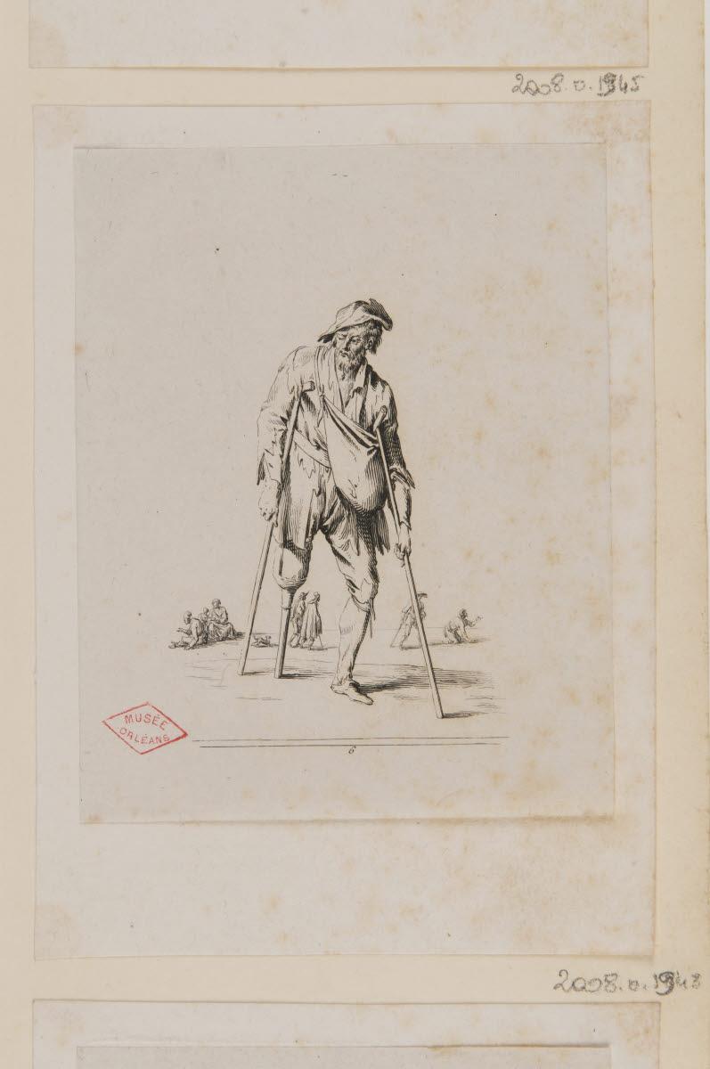 Un mendiant avec une jambe de bois soutenu par deux béquilles, Jean Duplessi-Bertaux, 1700-1799