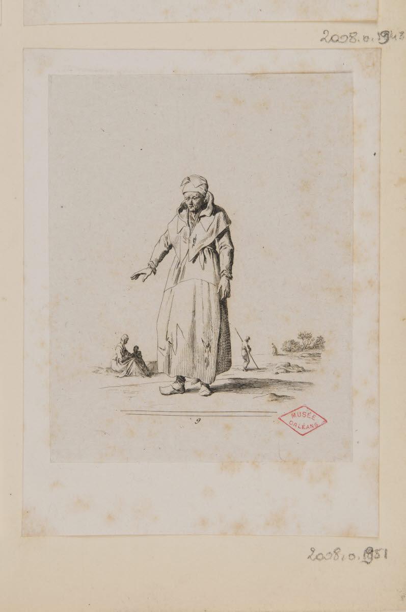 Une mendiante debout de face tête baissée, Jean Duplessi-Bertaux, 1700-1799