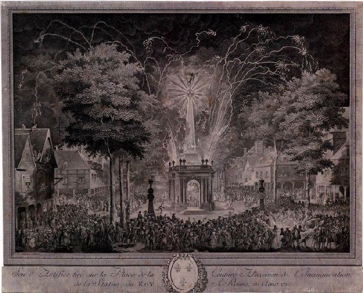 Feu d'artifice tiré sur la place de la Couture à l'occasion de l'inauguration de la statue du Roi à Reims le 26 août 1765_0