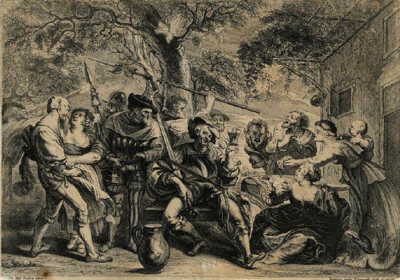 Soldats faisant du tapage devant une auberge, Frans van den Wyngaerde, 17e siècle