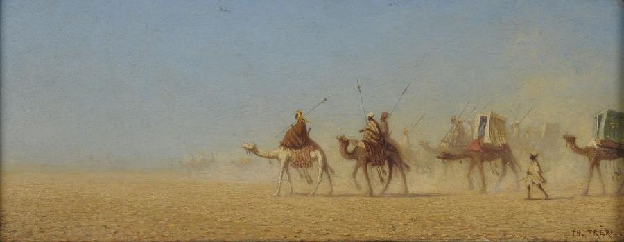 Caravane traversant le désert (titre d'origine transcrit sur l'inventaire après décès et sur le cartel fixé au cadre d'origine) ; Caravane d'hadjis allant à la Mecque (ancien titre) ; Caravane traversant le désert d'Arabie (titre du catalogue Sartor), Charles Théodore Frere, 1883