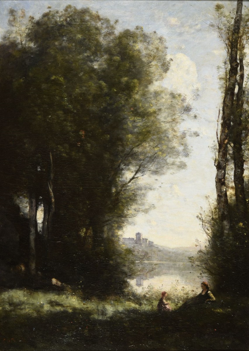 Les Deux soeurs sous les arbres au bord du lac (titre attribué), Camille Corot, 1865-1870