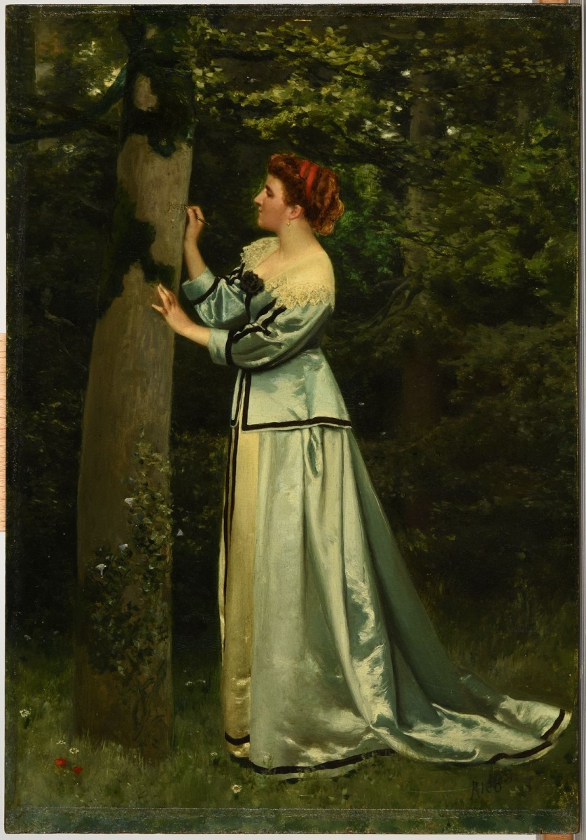 Jeune femme écrivant sur un arbre, Y ORTEGA Martin Rico, 1866 vers,1867 vers