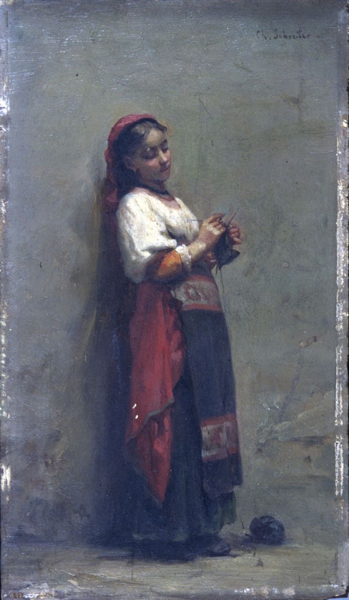 Jeune Italienne tricotant, Charles Schreiber, 19e siècle