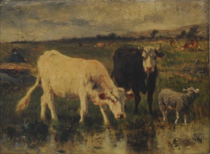Vaches et moutons au bord d'une mare, Émile Van Marcke De Lummen, 19e siècle