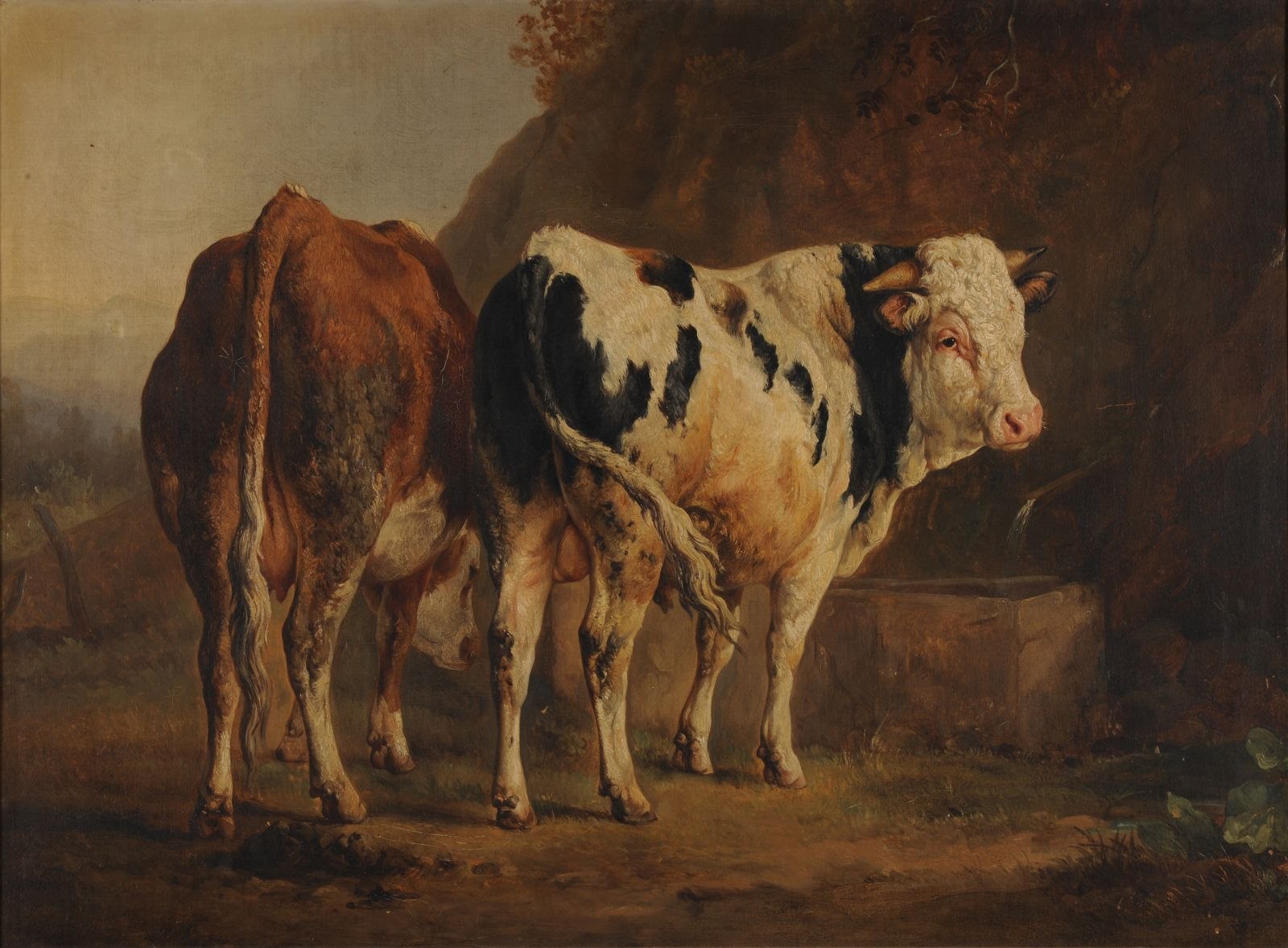 Taureau à robe blanche et noire et vache à robe brune, Jacques-Raymond Brascassat, 19e siècle