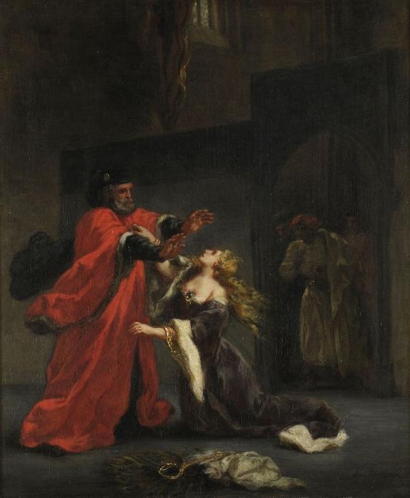 Desdémone maudite par son père ; Desdémone aux pieds de son père qui veut lui donner sa malédiction pour avoir épousé secrètement Othello, Эжен Делакруа