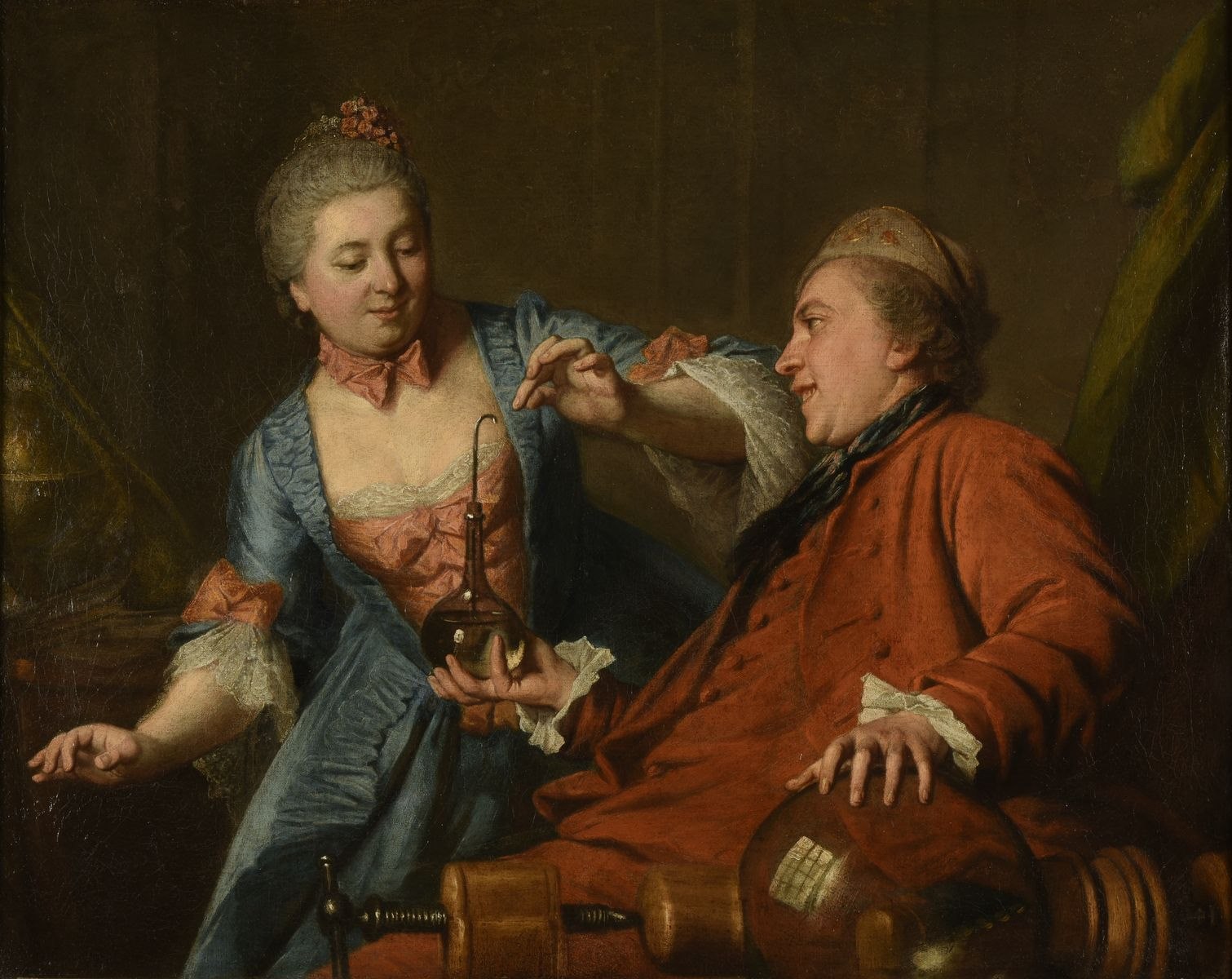 Nicolas Bergeat et Madame de Maisoncelles se livrant à une expérience de physique (titre attribué) ; Une expérience de physique (titre publié) ; Portrait d'homme, présumé Bergeat, ancien conservateur du Musée de Reims, faisant une expérience de physique (titre publié) ; Bergeat faisant un expérience de physique (titre publié) ; Nicolas Bergeat et Mme de Maisoncel faisant une expérience de chimie (ancien titre attribué) ; Bergeat faisant une expérience de physique (titre inscrit à l'inventaire) ; Le Vidame Bergeat et Madame de Maisoncel , sa soeur, faisant une expérience de Chimie (titre inscrit à l'inventaire)_0