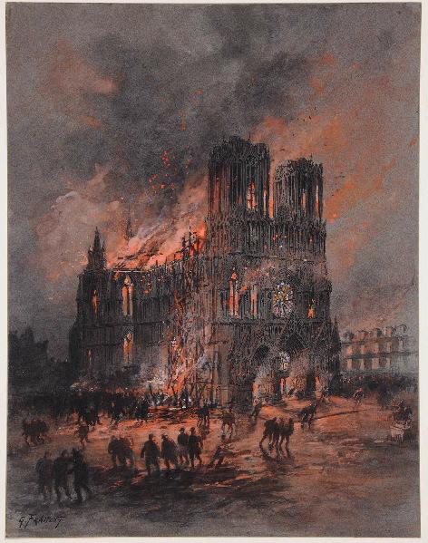 Incendie de la Cathédrale de Reims (titre attribué) ; Cathédrale de Reims en feu (titre du catalogue Lemétais), Gustave Fraipont, 1er quart 20e siècle
