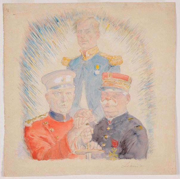 L'Union (titre attribué) ; Le roi des Belges, Joffre et French (titre du catalogue Lemétais), Charles Leandre, 1er quart 20e siècle