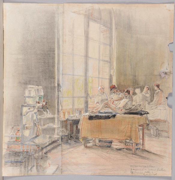 Hôpital du Grand Palais - pansement du docteur Bellot, salle 5, 27 janvier 1916. (titre inscrit), Charles Jouas, 1916 /01 /27