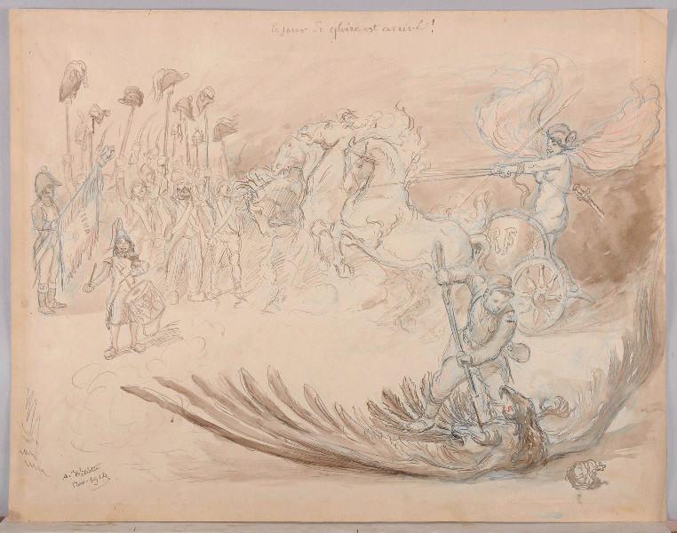 Le jour de gloire est arrivé ! (titre inscrit) ; Un américain courtisan Cupidon par des promesses de fortune (titre attribué, dessin au verso), Adolphe Léon Willette, 1914 /11