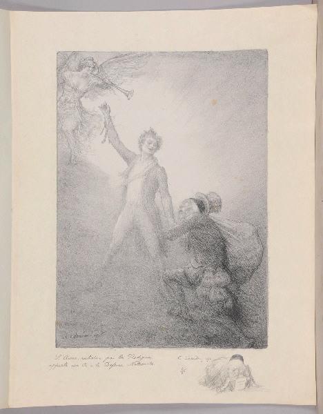 Jours de Guerre et de Paix (planche n°01/24) : L'Avare, entraîné par le Prodigue, apporte son Or à la Défense Nationale ; Vieil avare consultant son portefeuille (Remarque dans la marge, titre attribué), Charles Leandre, 1916