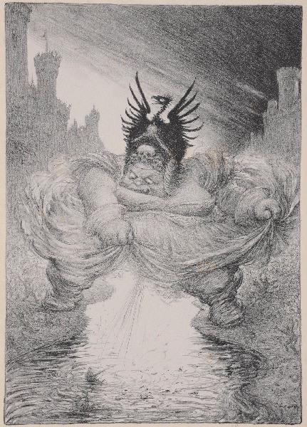 Jours de Guerre et de Paix (planche n°04/24) : Sur le Rhin. L'Effort kolossal de l'Allemagne ; Cadavre au milieu du fleuve, mangé par des charognards (Remarque dans la marge, titre attribué), Charles Leandre, 1916