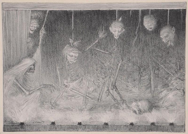 Jours de Guerre et de Paix (planche n°05/24) : Les Pantins Sinistres ; Tête de cadavre entourée de mouches (Remarque dans la marge, titre attribué), Charles Leandre, 1916