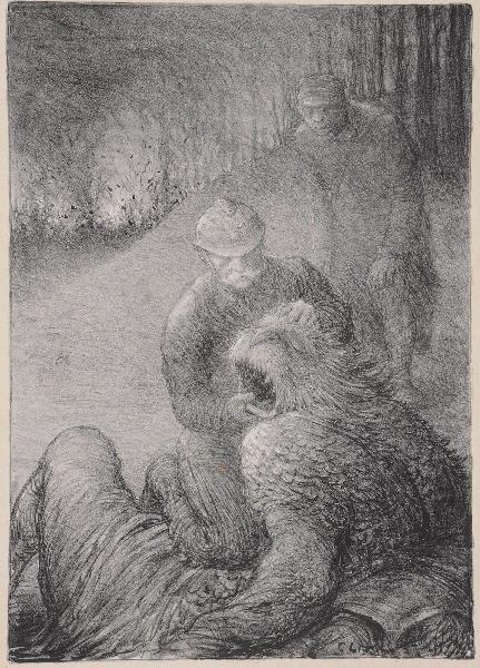 Jours de Guerre et de Paix (planche n°09/24) : Pétain terrassant le Monstre devant Verdun ; Caricature de la tête du monstre teutonique (Remarque dans la marge, titre attribué), Charles Leandre, 1916