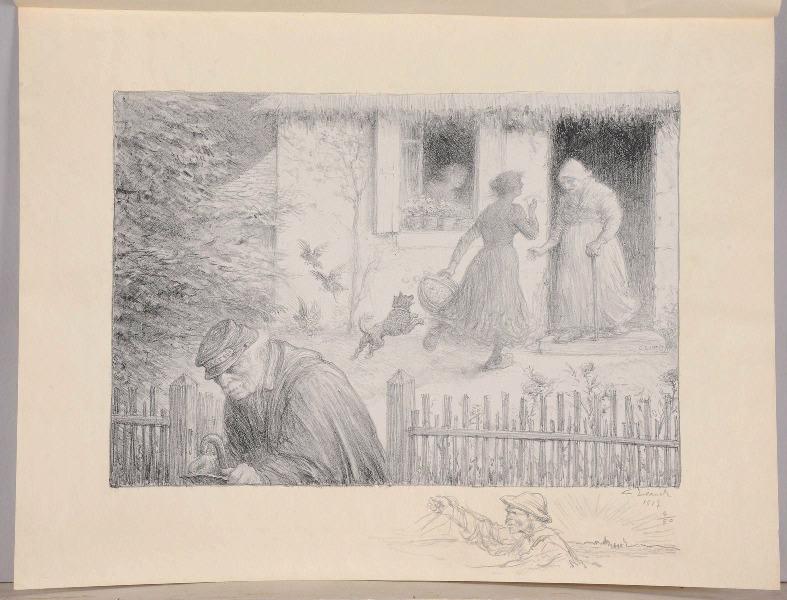 Jours de Guerre et de Paix (planche n°14/24) : La Bonne Nouvelle ; Vieillard le bras levé (Remarque dans la marge, titre attribué), Charles Leandre, 1917