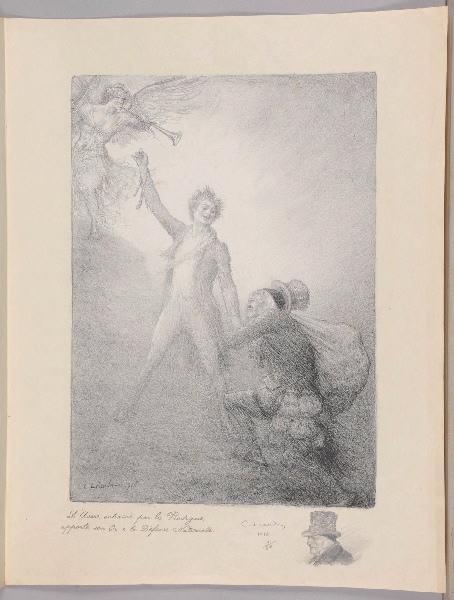 Jours de Guerre et de Paix (planche n°01/24) : L'Avare, entraîné par le Prodigue, apporte son Or à la Défense Nationale ; Avare (Remarque dans la marge, titre attribué), Charles Leandre, 1916