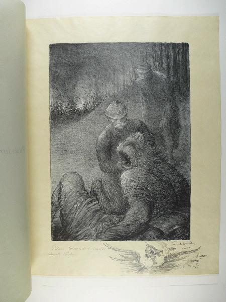 Jours de Guerre et de Paix (planche n°09/24) : Pétain terrassant le Monstre devant Verdun ; Caricature de l'aigle allemand coiffé d'un casque à pointe (Remarque dans la marge, titre attribué), Charles Leandre, 1916