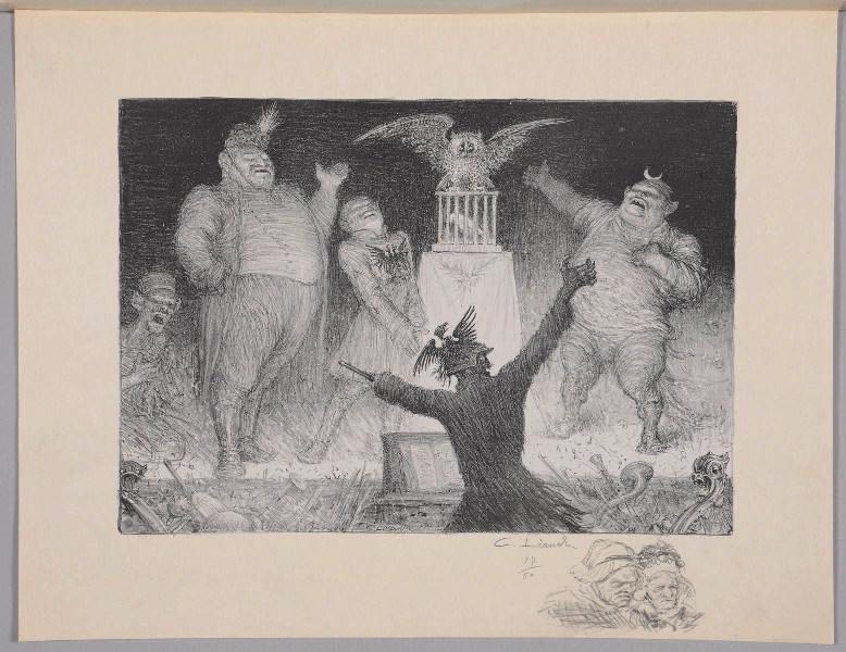 Jours de Guerre et de Paix (planche n°16/24) : Les Maîtres chanteurs de la Paix ; Deux vieilles avec coiffe (Remarque dans la marge, titre attribué), Charles Leandre, 1916-1918