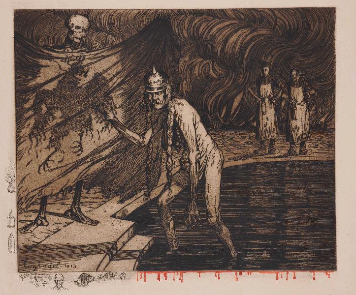 Le Bain de Sang (titre inscrit) ; Personnages, chien, bombe et obus (titre d'après la représentation, remarques gravées dans la marge), Eugène Cadel, 1916