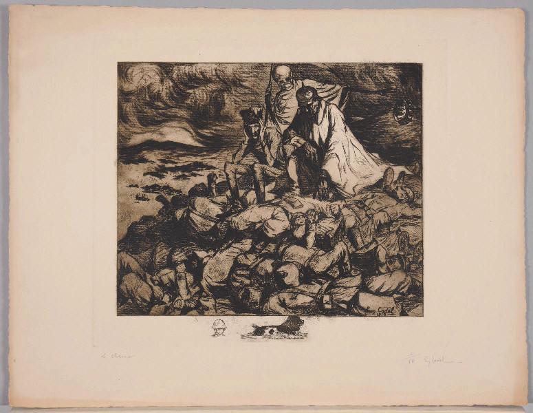 Le Charnier (titre inscrit) ; Tête de soldat et chien (titre d'après la représentation, remarques gravées dans la marge), Eugène Cadel, 1916