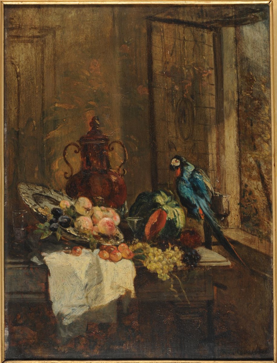 Nature morte et perroquet près d'une fenêtre ouverte ; La Desserte, Philippe Rousseau, 1882 avant