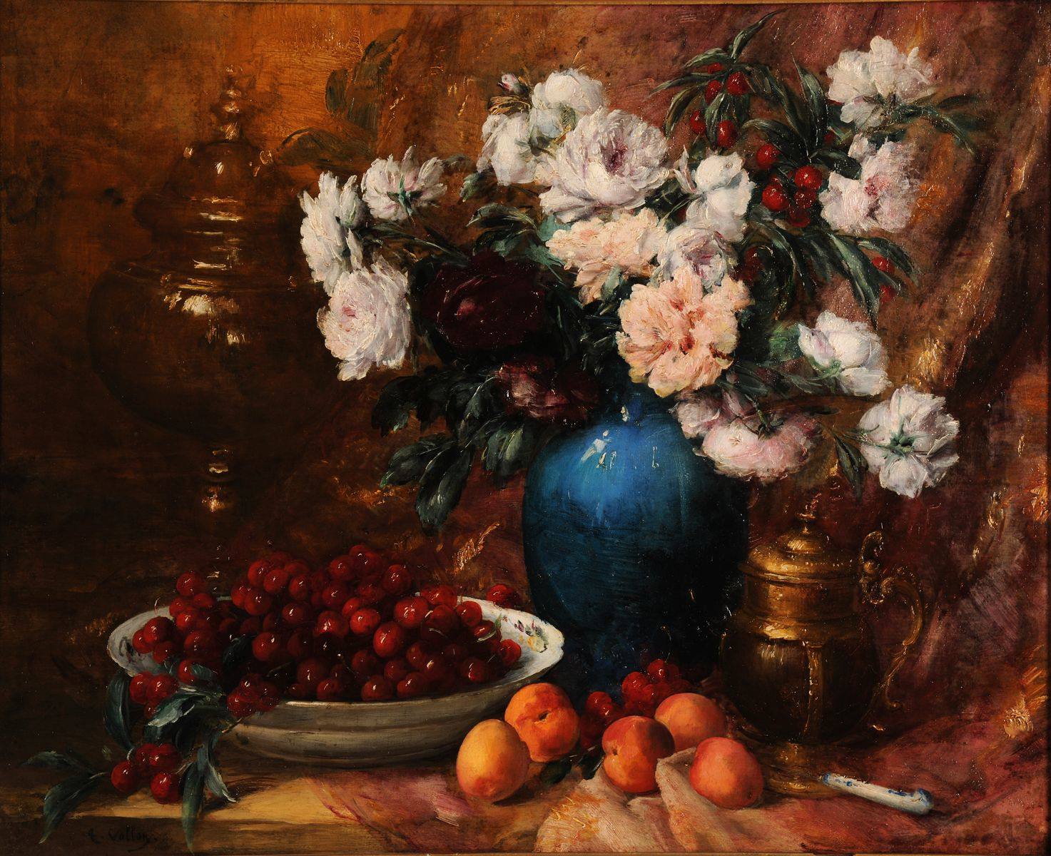 Vase, fleurs et fruits, Antoine Vollon, 1890 avant