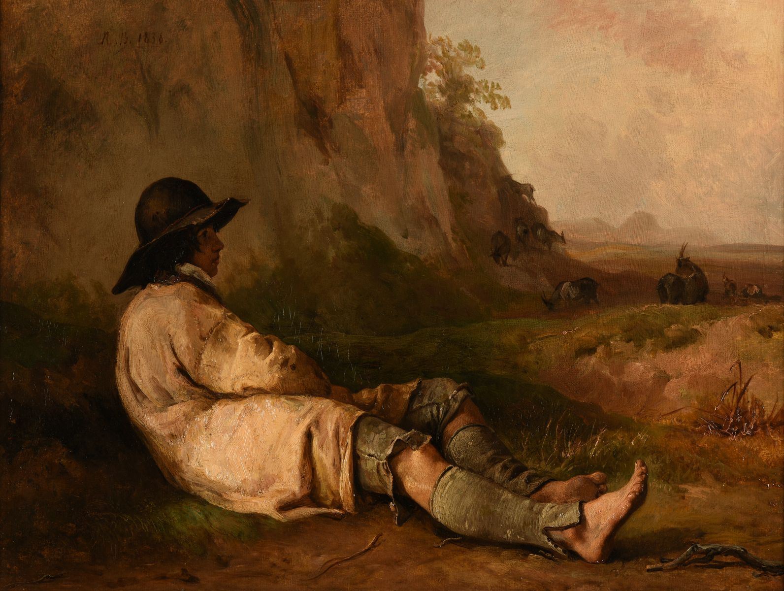 Berger se reposant près d'un rocher (titre inscrit à l'inventaire) ; Berger se reposant près d'un rocher (titre inventaire Bloche, 1878) ; Pâtre dans la campagne romaine (titre attribué), Jacques-Raymond Brascassat, 1838