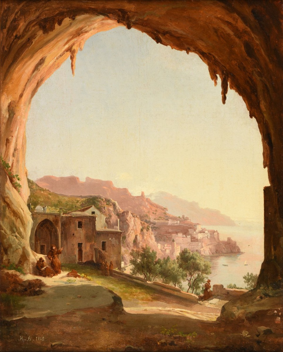 Le Monastère (titre inscrit à l'inventaire) ; Vue d'une ville et d'un monastère au bord de la mer animée de figures (titre inventaire Bloche, 1878) ; Vue d'Amalfi, prise de la grotte des Capucins (titre publié (Marionneau, 1872)), Jacques-Raymond Brascassat, 1828