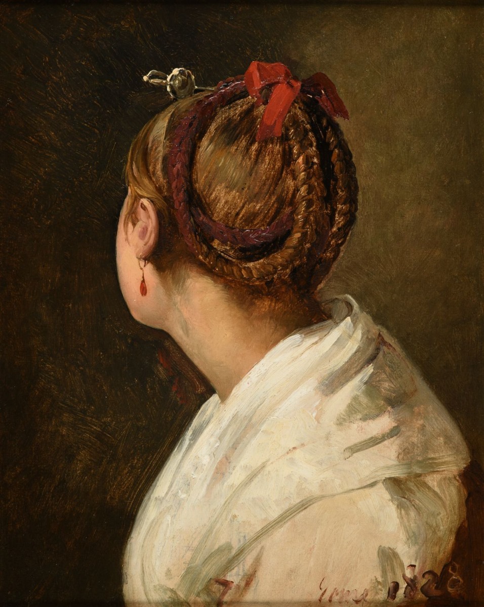 Tête de jeune romaine (titre inscrit à l'inventaire) ; Tête de jeune romaine (titre inventaire Bloche, 1878) ; Étude de tête : jeune fille, cheveux blonds tressés (titre publié (Marionneau, 1872)), Jacques-Raymond Brascassat, 1828