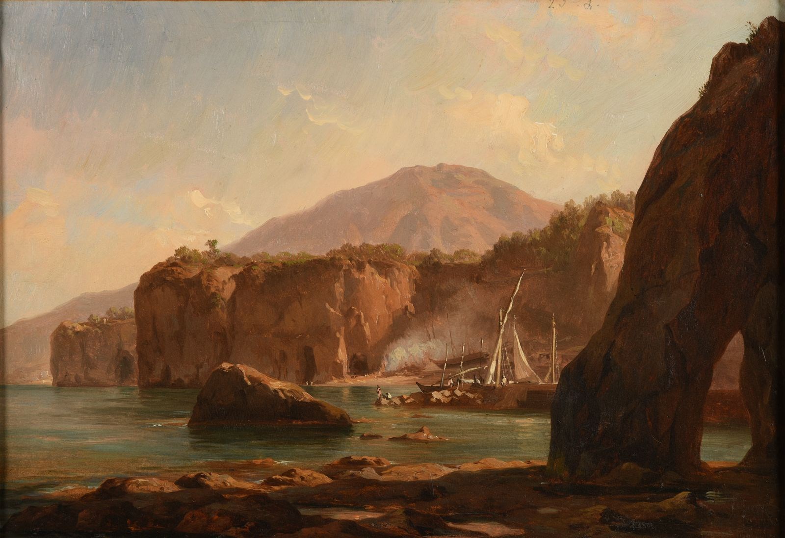 Grottes et falaises au bord de la mer (titre inscrit à l'inventaire) ; Grottes et rochers au bord de la mer animée de bateaux de pêche (titre inventaire Bloche, 1878) ; Marine, vue du golfe de Naples  (titre publié (Marionneau, 1872)), Jacques-Raymond Brascassat, 1843 vers
