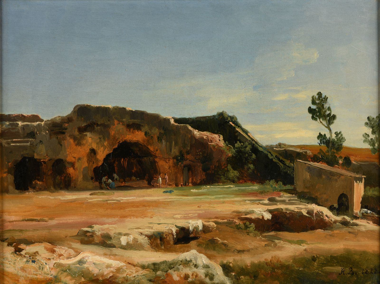Grotte du Nymphée (Syracuse) (titre attribué) ; Environs de Rome (titre inscrit à l'inventaire) ; Environs de Rome. Paysage animé de figures (titre inventaire Bloche, 1878) ; Grotte à Syracuse (Sicile) (titre publié (Marionneau, 1872)) ; Les Paysans troglodytes Calabrais (titre inscrit), Jacques-Raymond Brascassat, 1828