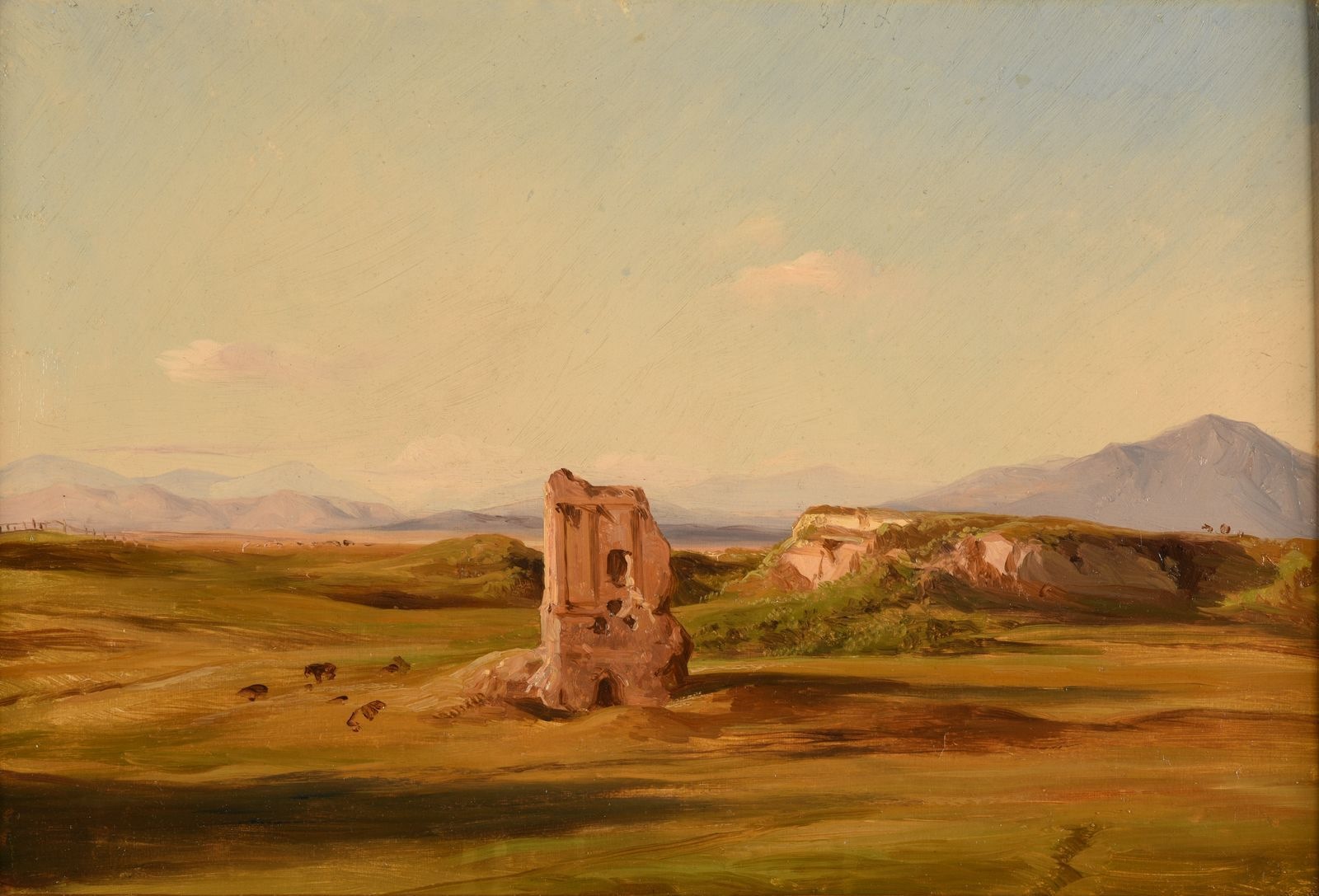 Monument funéraire sur la route entre Rome et le pont Nomentano (titre attribué) ; Paysage (titre inscrit à l'inventaire), Jacques-Raymond Brascassat, 2e quart 19e siècle