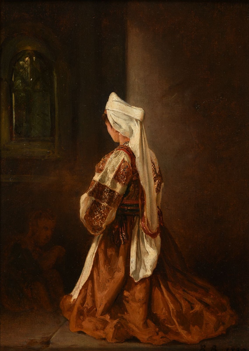 Jeune romaine en prière dans une église (titre inscrit à l'inventaire) ; Jeune romaine en prière dans une église (titre inventaire Bloche, 1878) ; Femme à genoux dans une église, costume de Carafa (titre publié (Marionneau, 1872)), Jacques-Raymond Brascassat, 1829