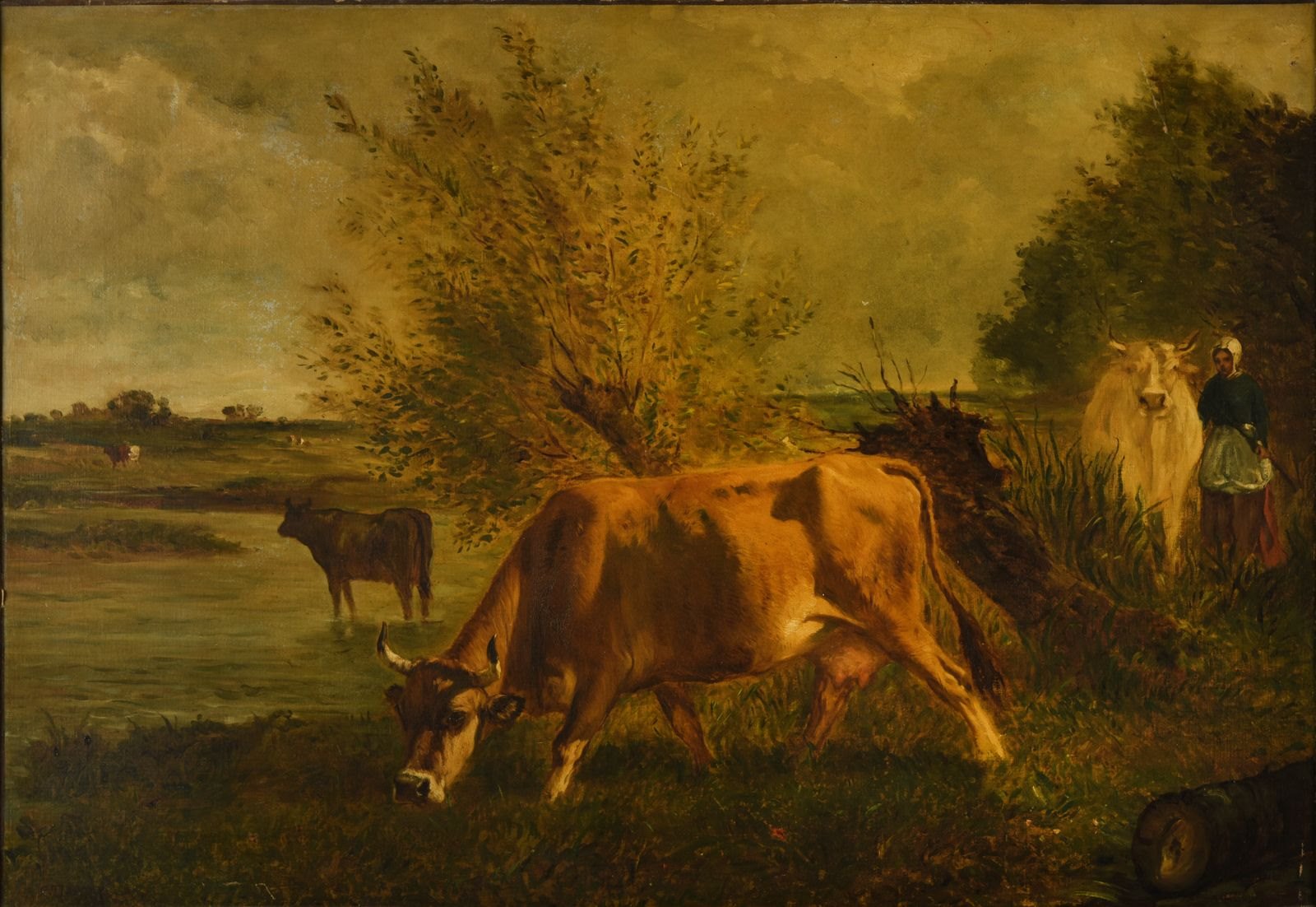 Vache paissant près d'une rivière bordée de saules, Constant Troyon, 19e siècle