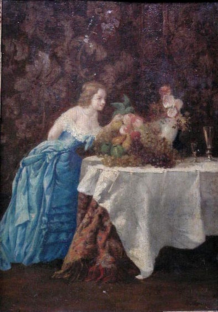 Jeune femme plaçant des fleurs et des fruits en bout de table, Jean Desbrosses, 19e siècle, 1er quart 20e siècle