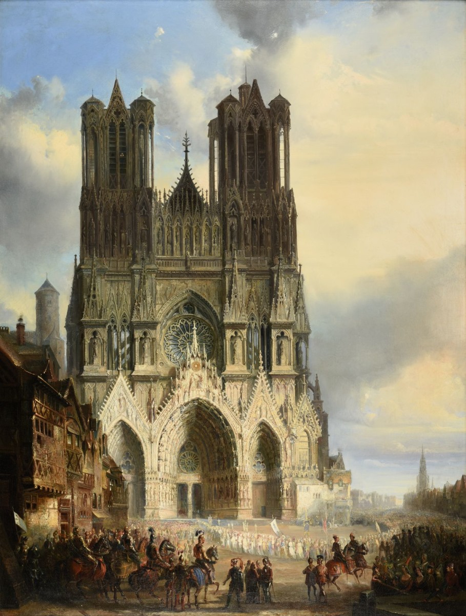 La façade de la Cathédrale de Reims avec une procession médiévale et un cortège au premier plan (titre attribué) ; La Cathédrale de Reims avec une procession médiévale (autre titre attribué), David Roberts, 1825-1838