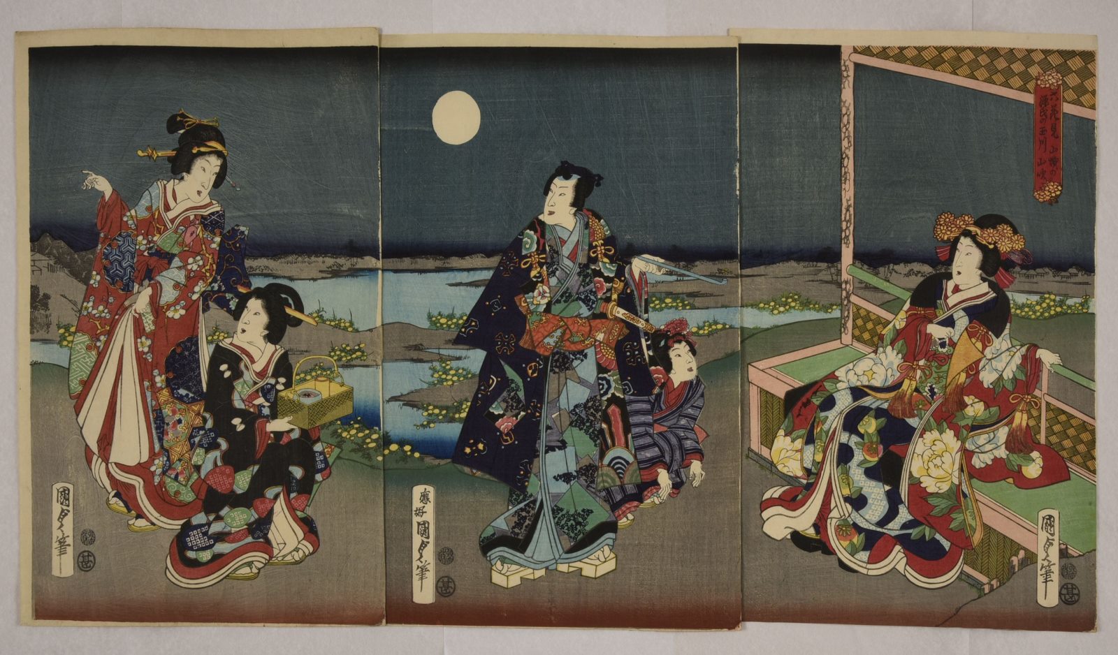 Le prince Genji regardant les corètes au bord de la rivière Tama à Yamashiro pour la fête de Hanami (titre attribué) ; Scène de théâtre (ancien titre attribué), Kunisada II Utagawa, 1867